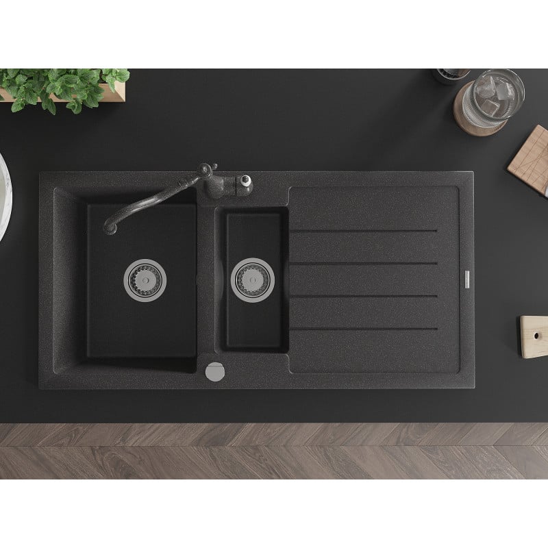 Mexen Andres granitinis plautuvė 1,5 skylių su nutekėjimu ir virtuviniu maišytuvu Carla, juodas su dėmėmis - 6515-76-670700-76