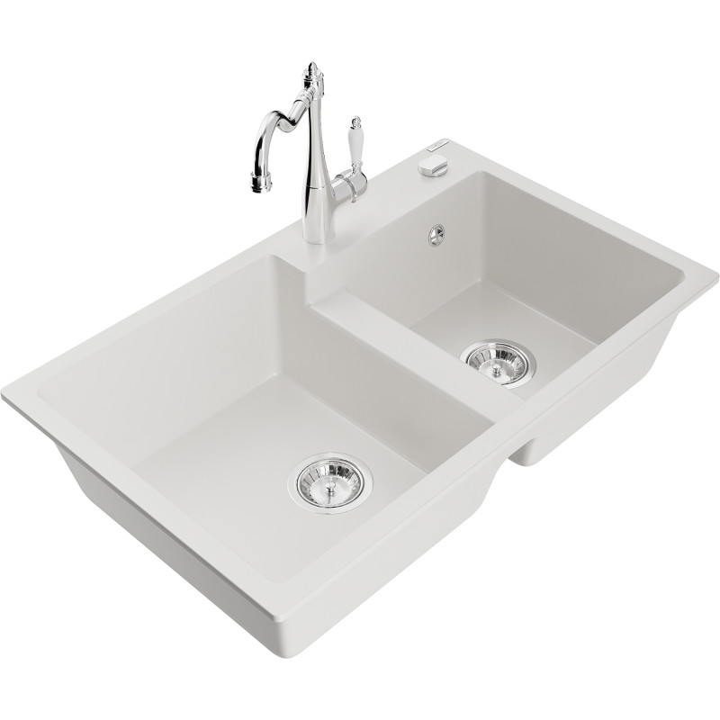 Mexen Tomas granitinė dviejų skyrių plautuvė su virtuvės maišytuvu Carla, balta - 6516-20-670700-00
