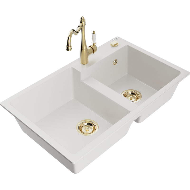 Mexen Tomas granitinė virtuvė dviejų skyrių su maišytuvu Carla, balta - 6516-20-670700-50