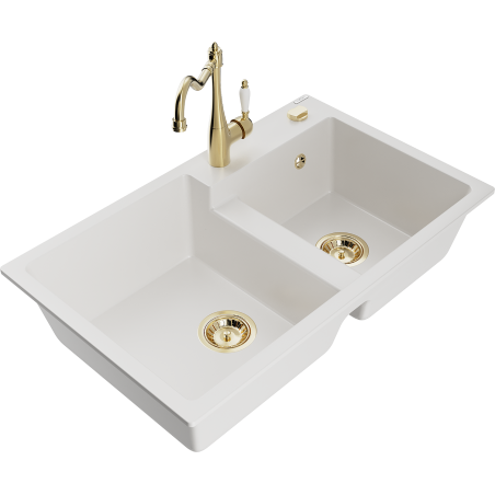 Mexen Tomas granitinė virtuvė dviejų skyrių su maišytuvu Carla, balta - 6516-20-670700-50