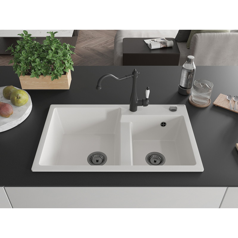 Mexen Tomas granitinė dviejų skylių plautuvė su virtuvės maišytuvu Carla, balta - 6516-20-670700-70