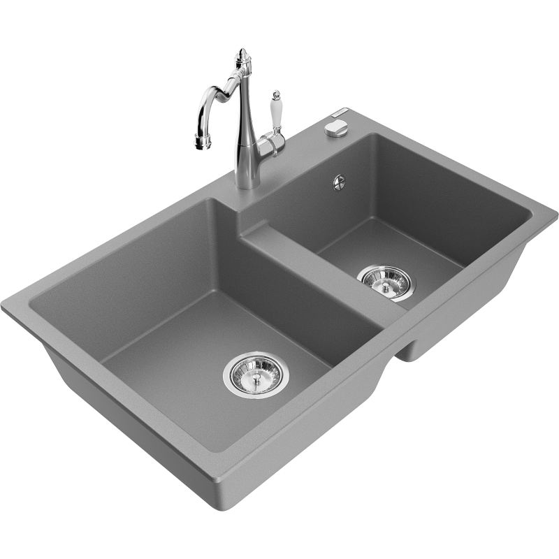 Mexen Tomas granitinis dviejų skyrių virtuvės praustuvas su virtuvės maišytuvu Carla, pilkas - 6516-71-670700-00