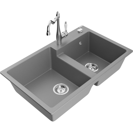 Mexen Tomas granitinis dviejų skyrių virtuvės praustuvas su virtuvės maišytuvu Carla, pilkas - 6516-71-670700-00