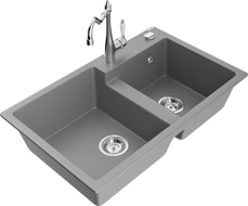 Mexen Tomas granitinis dviejų skyrių virtuvės praustuvas su virtuvės maišytuvu Carla, pilkas - 6516-71-670700-00