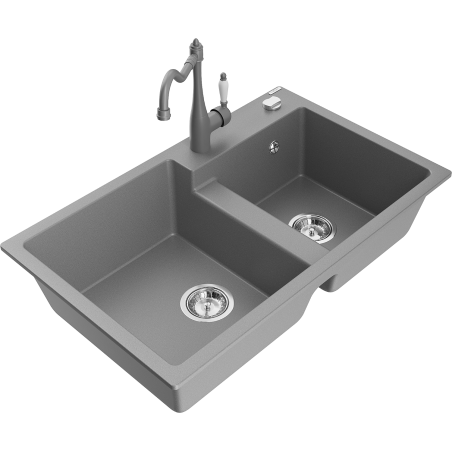 Mexen Tomas granitinė 2-jų kamerų plautuvė su virtuviniu maišytuvu Carla, pilka - 6516-71-670700-71