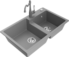 Mexen Tomas granitinė 2-jų kamerų plautuvė su virtuviniu maišytuvu Carla, pilka - 6516-71-670700-71