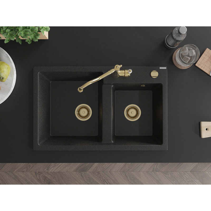 Mexen Tomas granitinis dviejų kamerų virtuvės plautuvė su Carla čiaupu, juoda/sidabrinė metalo spalva - 6516-73-670700-50