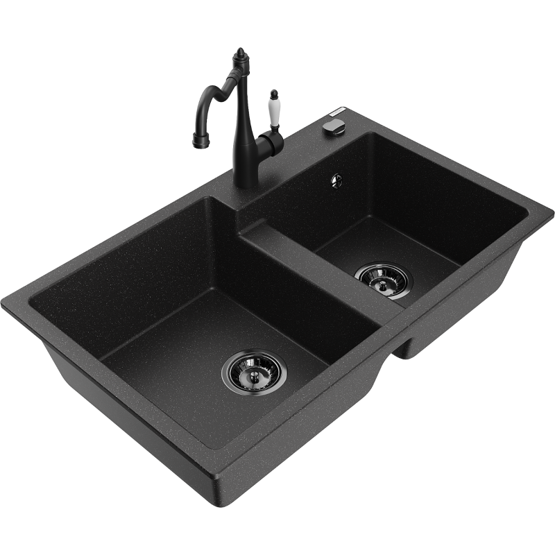 Mexen Tomas granitinė dviejų skylių kriauklė su virtuviniu maišytuvu Carla, juodas/sidabrinis metalikas - 6516-73-670700-70-B