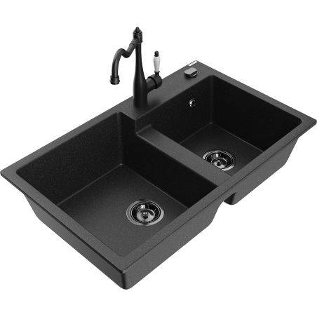 Mexen Tomas granitinė dviejų skylių kriauklė su virtuviniu maišytuvu Carla, juodas/sidabrinis metalikas - 6516-73-670700-70-B