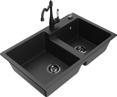 Mexen Tomas granitinė dviejų kamerų virtuvinė kriauklė su virtuviniu maišytuvu Carla, juoda/sidabro metalikas