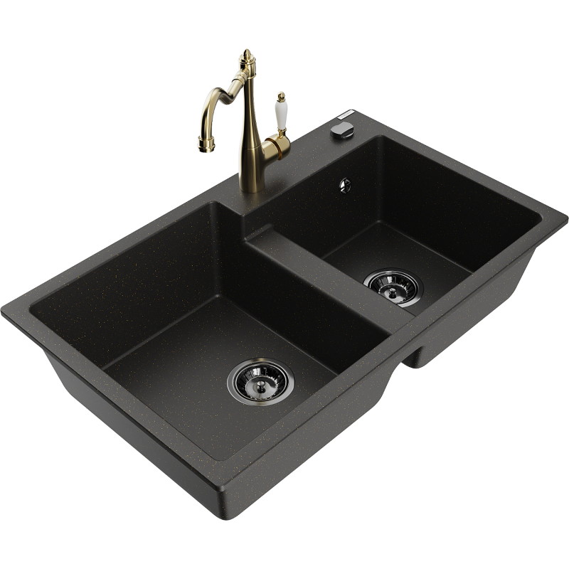 Mexen Tomas granito kriauklė su dviem kameromis ir virtuviniu maišytuvu Carla, juoda/aukso metalikas - 6516-75-670700-50-B