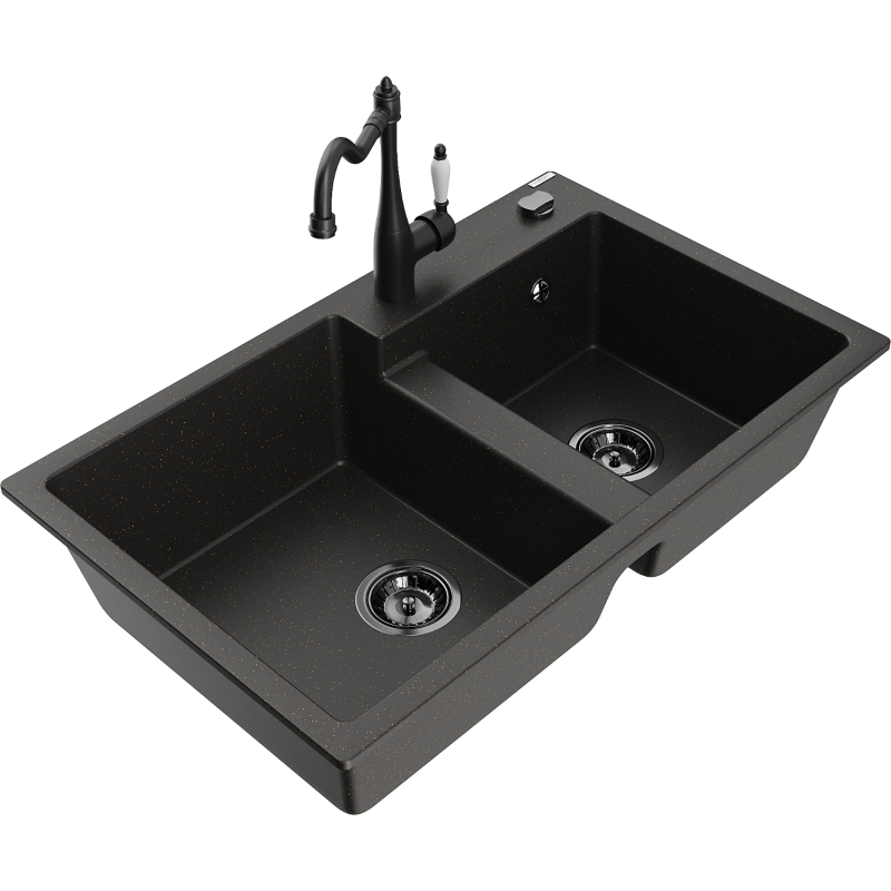 Mexen Tomas granitinė dviejų skyrių virtuvinė kriauklė su virtuviniu maišytuvu Carla, juoda/auksinė metalo