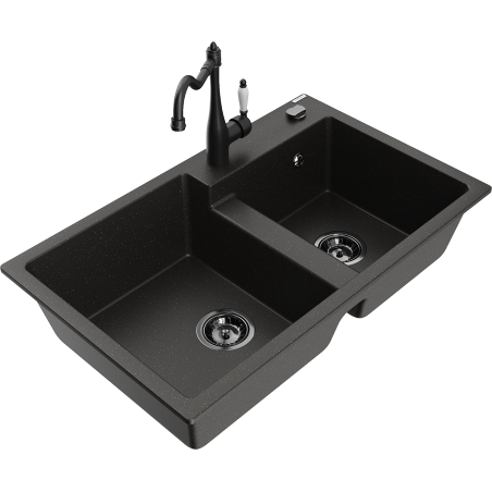 Mexen Tomas granitinė dviejų skyrių virtuvinė kriauklė su virtuviniu maišytuvu Carla, juoda/auksinė metalo