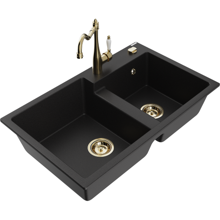 Mexen Tomas granitinė dviejų skyrių kriauklė su Carlos virtuviniu maišytuvu, juoda - 6516-77-670700-50