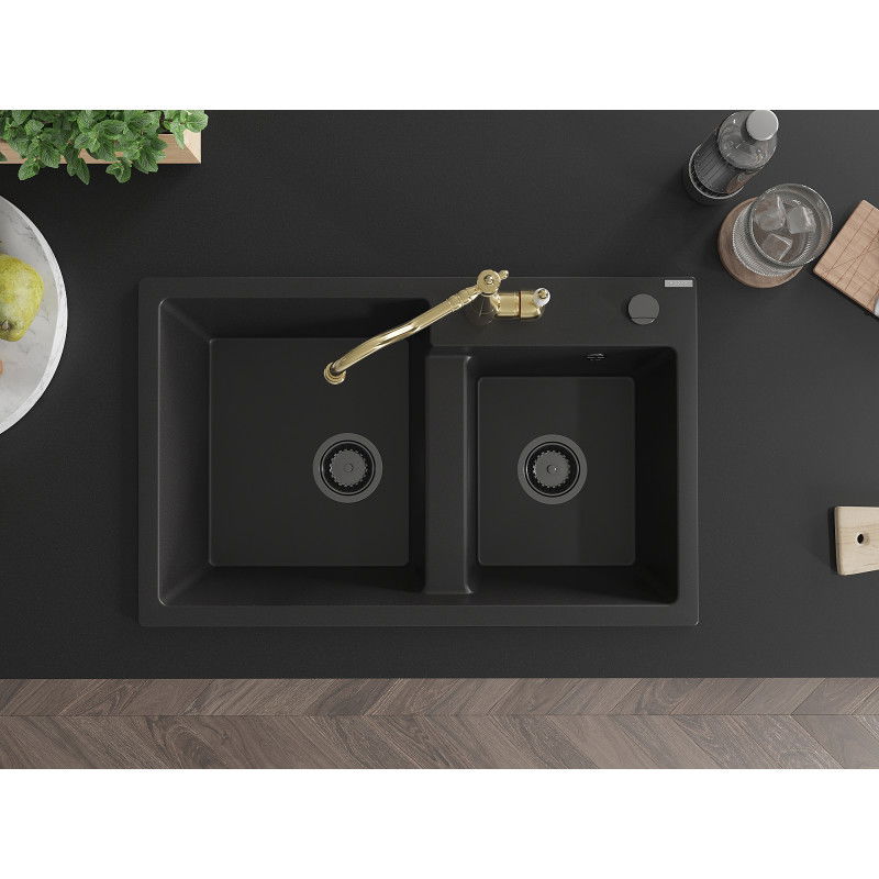 Mexen Tomas granitinė dviejų skyrių plautuvė su virtuviniu maišytuvu Carla, juoda - 6516-77-670700-50-B