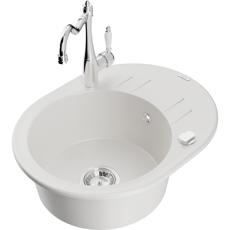 Mexen Kevin granitinė vienos plautuvės kriauklė su nusausintuvu ir virtuviniu maišytuvu Carla, balta - 6517-20-670700-00