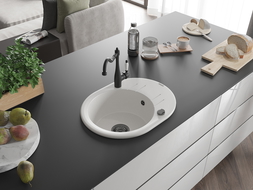 Mexen Kevin vienos kameros granitinė plautuvė su nutekėjimo paviršiumi ir virtuvės maišytuvu Carla, balta - 6517-20-670700-70