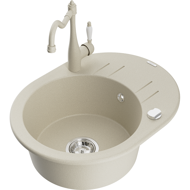 Mexen Kevin granitinė vienos kameros kriauklė su drenažu ir virtuviniu maišytuvu Carla, smėlio spalvos - 6517-69-670700-69