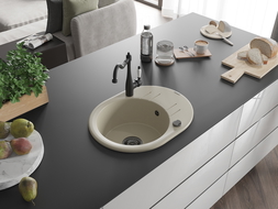 Mexen Kevin vienos kameros virtuvės šalčituvas su nutekėjimo zona ir Carla maišytuvu, smėlinis - 6517-69-670700-70