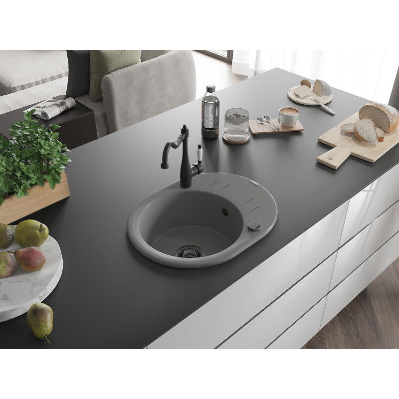 Mexen Kevin vienos kameros granito kriauklė su nusausintuvu ir virtuvės maišytuvu Carla, pilkas - 6517-71-670700-70-B