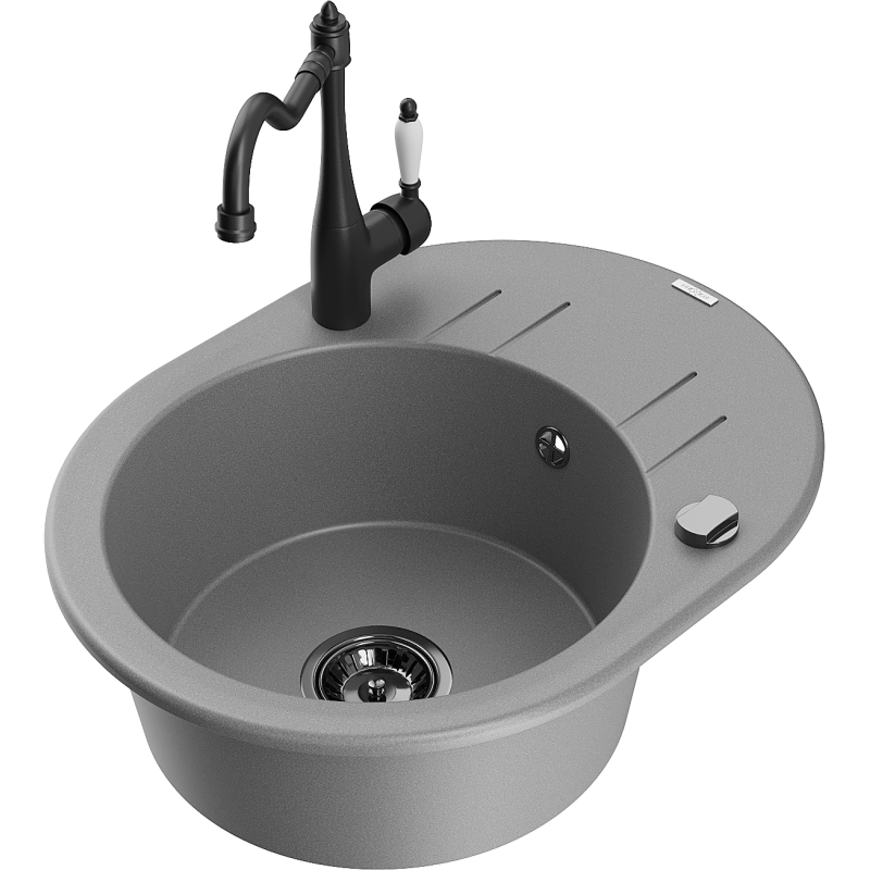 Mexen Kevin vienos kameros granito kriauklė su nusausintuvu ir virtuvės maišytuvu Carla, pilkas - 6517-71-670700-70-B