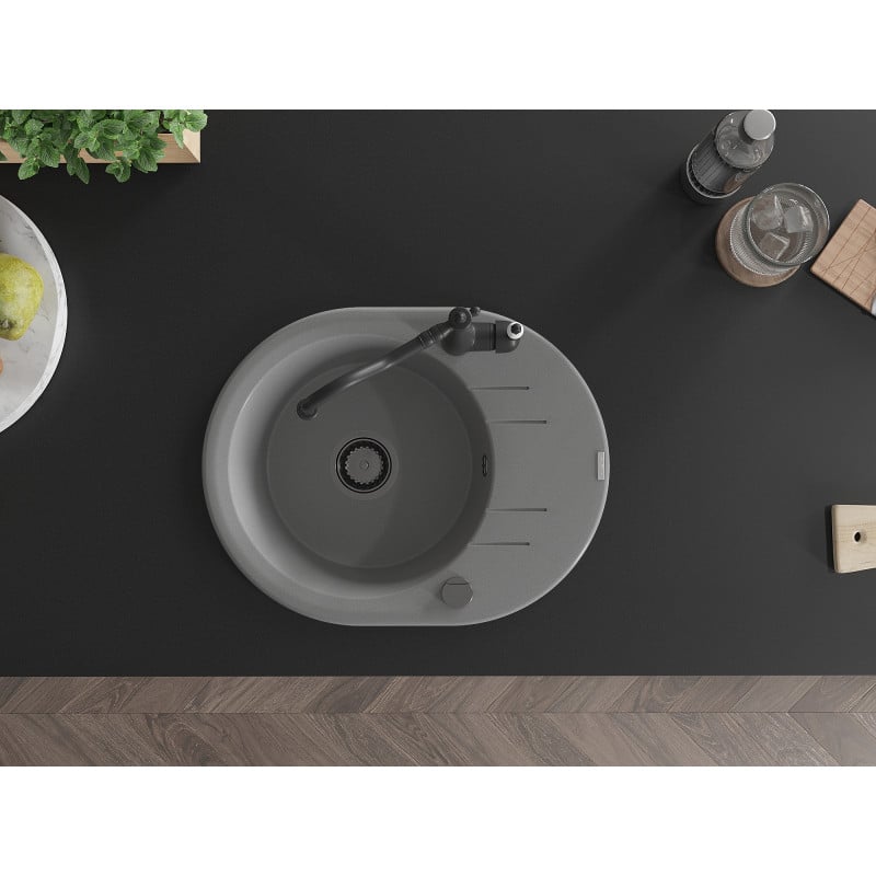 Mexen Kevin vienos kameros granito kriauklė su nusausintuvu ir virtuvės maišytuvu Carla, pilkas - 6517-71-670700-70-B