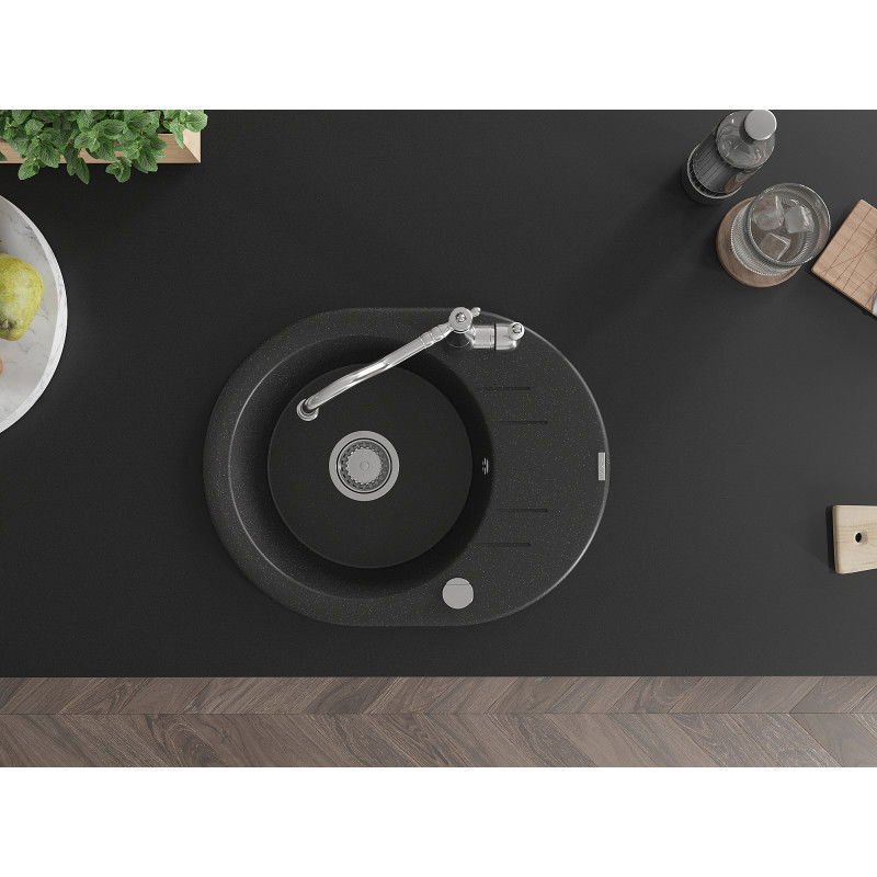 Mexen Kevin granitinė vienos kameros kriauklė su nusausintuvu ir virtuvės maišytuvu Carla, juoda/sidabrinė metalik