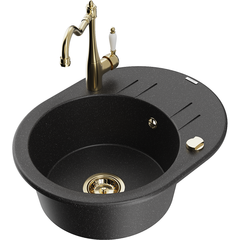 Mexen Kevin granitinė vienos kameros plautuvė su nutekėjimu ir virtuves maišytuvu "Carla", juoda/sidabrinis metalikas