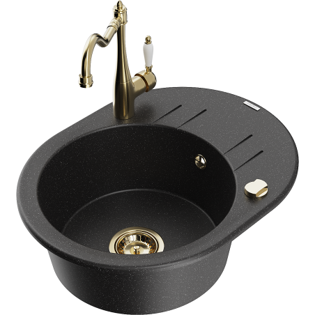 Mexen Kevin granitinė vienos kameros plautuvė su nutekėjimu ir virtuves maišytuvu "Carla", juoda/sidabrinis metalikas