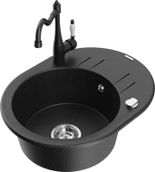 Mexen Kevin granitinė vienos kameros kriauklė su nusukikliu ir virtuviniu maišytuvu Carla, juoda/sidabrinis metalikas