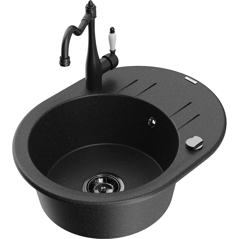 Mexen Kevin granitinė plautuvė 1 kamera su nusausinimo įtaisu ir virtuviniu maišytuvu Carla, juodas/sidabrinis metalikas