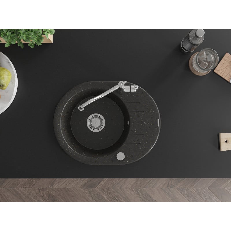 Mexen Kevin granitinė virtuvės plautuvė su 1 kamera, plėtiniu ir virtuvės maišytuvu Carla, juoda/auksinis metalikas
