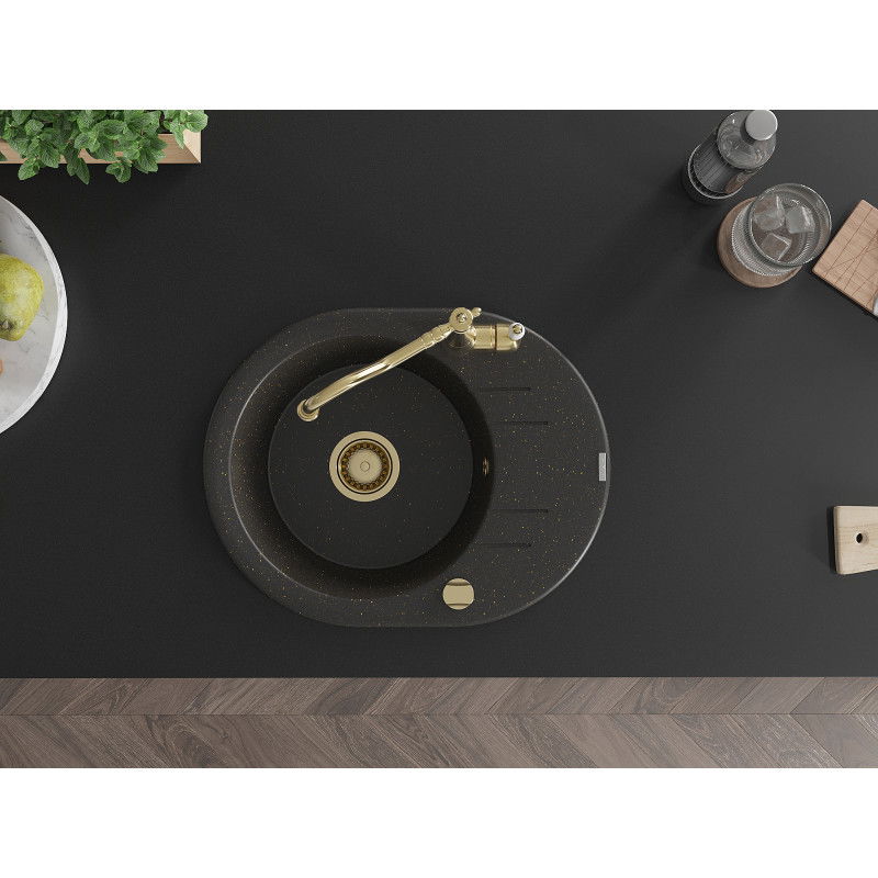 Mexen Kevin granito plautuvė 1 kamerų su nuvarvėjimu ir virtuvės maišytuvu Carla, juodas/auksinis metalikas - 6517-75-670700-50