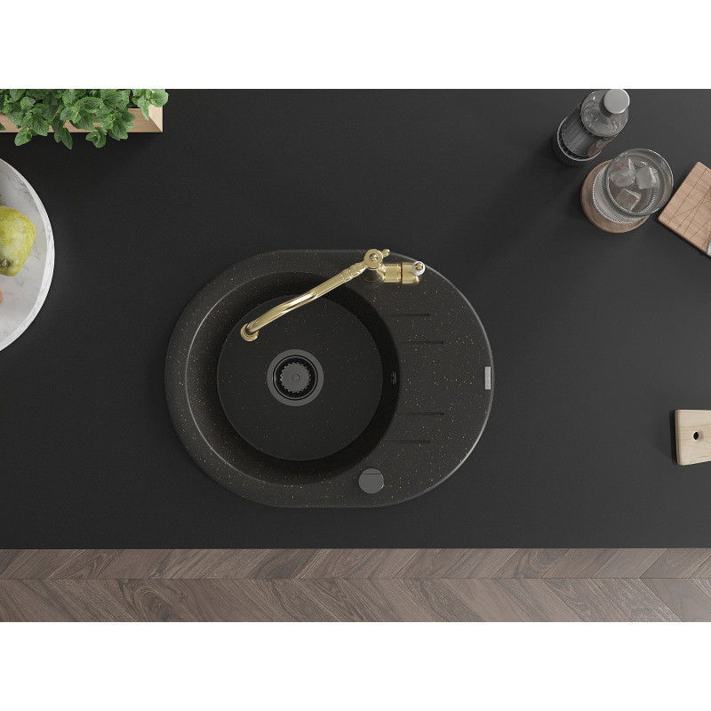 Mexen Kevin vienos komoros granitinė kriauklė su nuvarvėjimo plokšte ir virtuviniu maišytuvu Carla, juoda/auksinė metalo