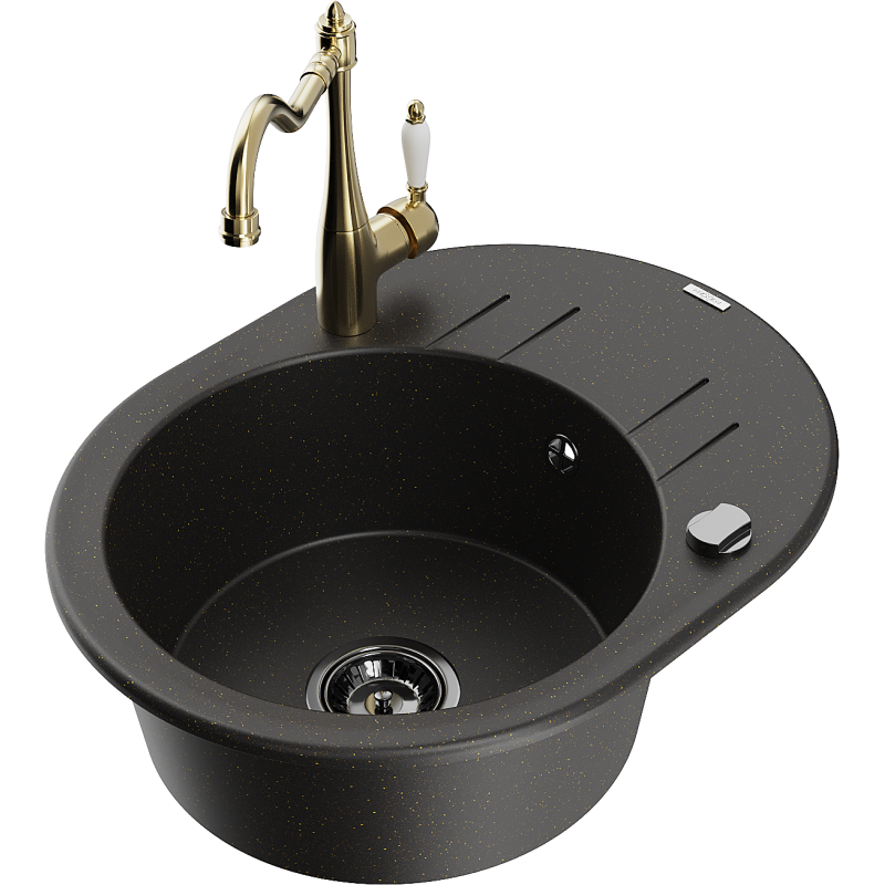 Mexen Kevin vienos komoros granitinė kriauklė su nuvarvėjimo plokšte ir virtuviniu maišytuvu Carla, juoda/auksinė metalo