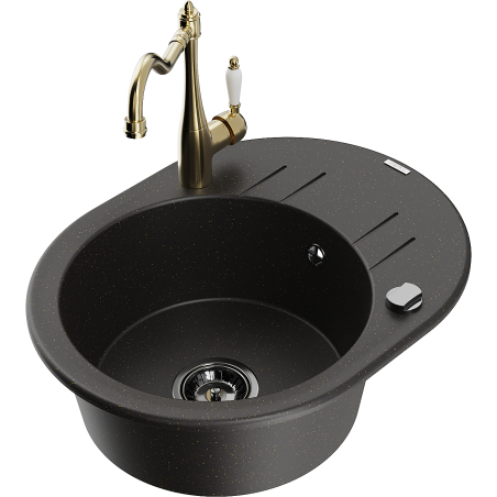 Mexen Kevin vienos komoros granitinė kriauklė su nuvarvėjimo plokšte ir virtuviniu maišytuvu Carla, juoda/auksinė metalo