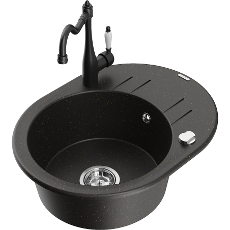 Mexen Kevin vienos kameros granito kriauklė su nuvarvėjimo zona ir maišytuvu Carla, juoda/auksinis metalikas