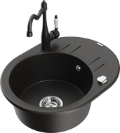 Mexen Kevin vienos kameros granito kriauklė su nuvarvėjimo zona ir maišytuvu Carla, juoda/auksinis metalikas