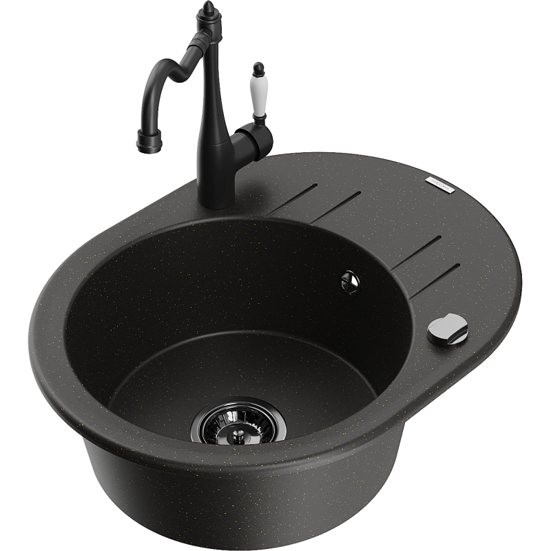 Mexen Kevin grindinis praustuvas su nutekėjimu ir virtuviniu maišytuvu Carla, juoda/auksinis metalikas - 6517-75-670700-70-B