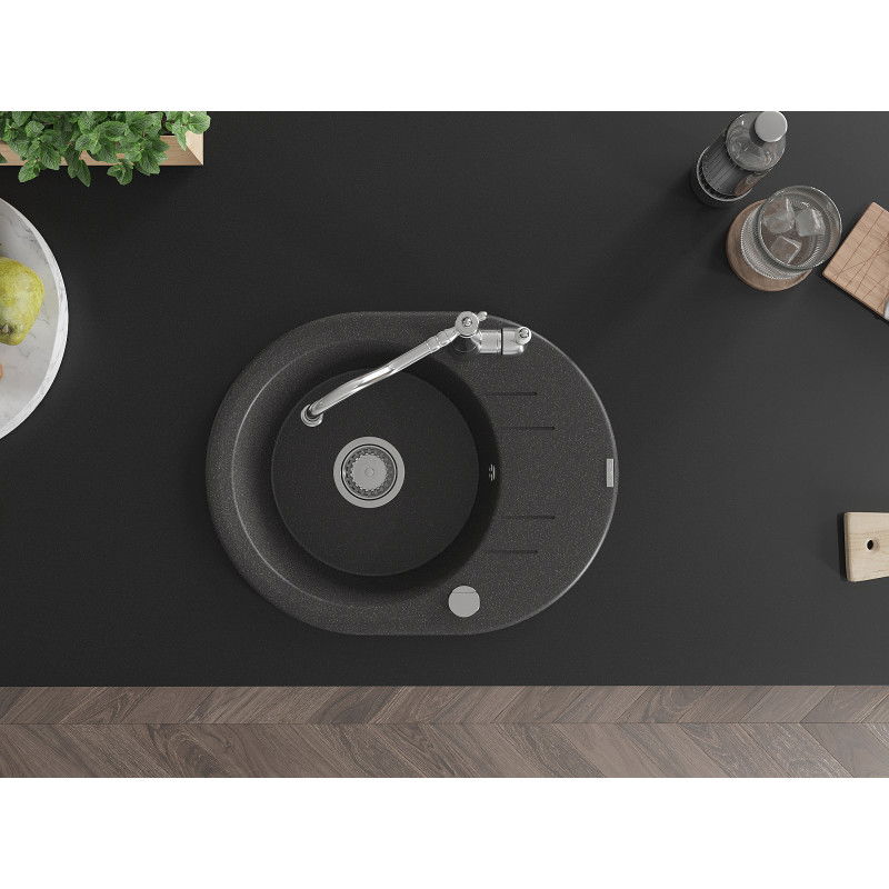 Mexen Kevin granitinė vienos talpos kriauklė su nusausintuvu ir virtuviniu maišytuvu Carla, juoda taškuota - 6517-76-670700-00