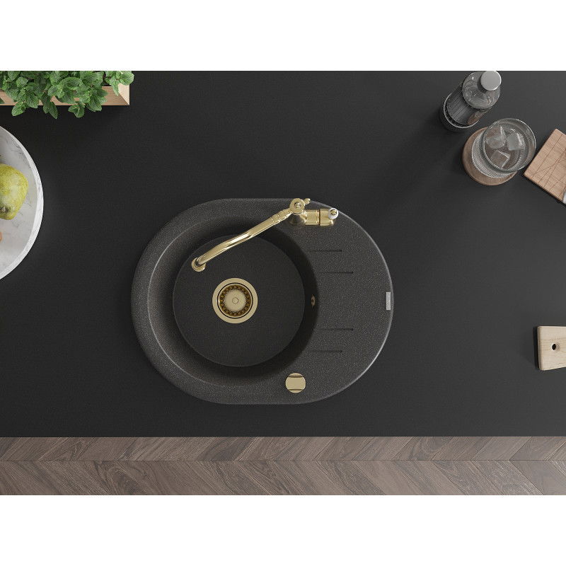 Mexen Kevin granito plautuvė, vienos kameros su nutekėjimu ir Carla virtuvės maišytuvu, juoda dėmėta - 6517-76-670700-50