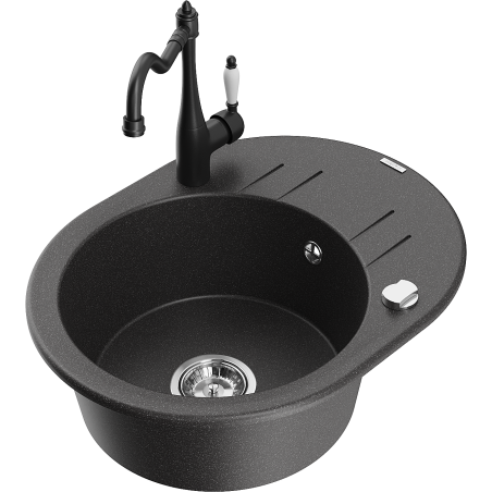 Mexen Kevin granitinė vieno dubens kriauklė su nutekėjimu ir virtuviniu maišytuvu Carla, juodas karpyta - 6517-76-670700-70