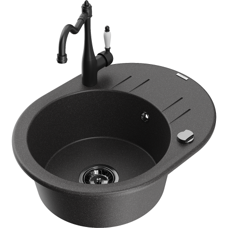 Mexen Kevin granitinė vienos kameros kriauklė su nuvarvėjimu ir virtuvės maišytuvu Carla, juoda su dėmėmis