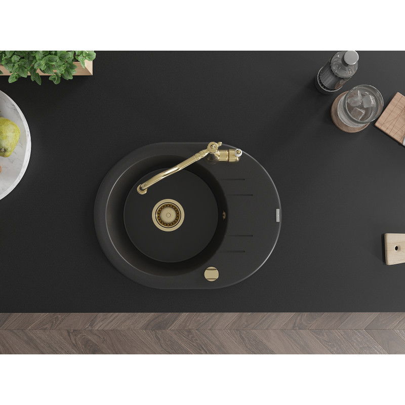 Mexen Kevin granito plautuvė 1-skyrė su nuvarvėtuvu ir virtuvine maišytuvu Carla, juoda - 6517-77-670700-50