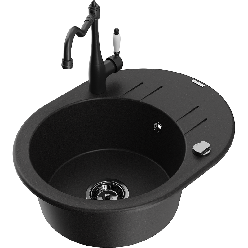 Mexen Kevin granitinis vienos plautuvės kriauklė su nusausintuvu ir virtuviniu maišytuvu Carla, juoda - 6517-77-670700-70-B