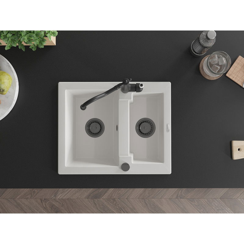Mexen Carlos granitinė plautuvė su 1,5 kameromis ir virtuviniu maišytuvu Carla, balta - 6518-20-670700-70