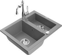 Mexen Carlos granitinis 1,5-ių kamerų plautuvė su virtuvės maišytuvu Carla, pilka - 6518-71-670700-00