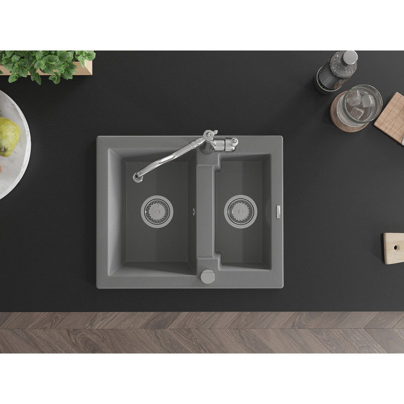 Mexen Carlos granitinis 1,5-ių kamerų plautuvė su virtuvės maišytuvu Carla, pilka - 6518-71-670700-00