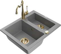 Mexen Carlos granitinė virtuvinė kriauklė su 1,5 skyrelio ir virtuviniu maišytuvu Carla, pilka - 6518-71-670700-50