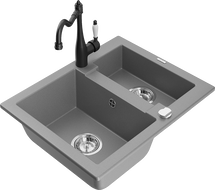 Mexen Carlos granitinė kriauklė 1,5 skylių su virtuviniu maišytuvu Carla, pilka - 6518-71-670700-70